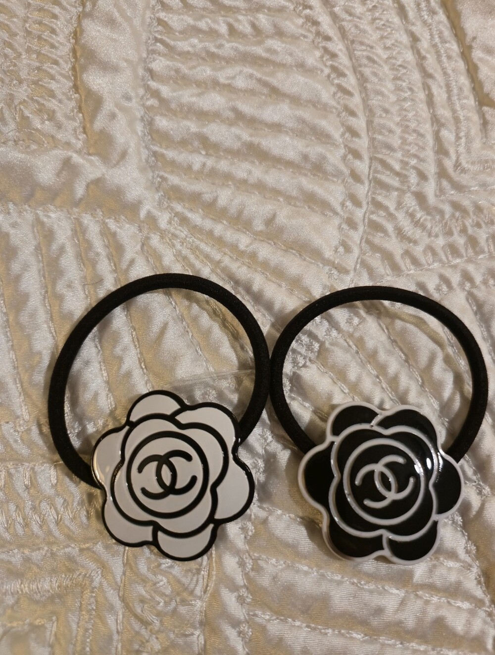 CHANEL Black and White Camellia Elastic Hair Ties - Pair